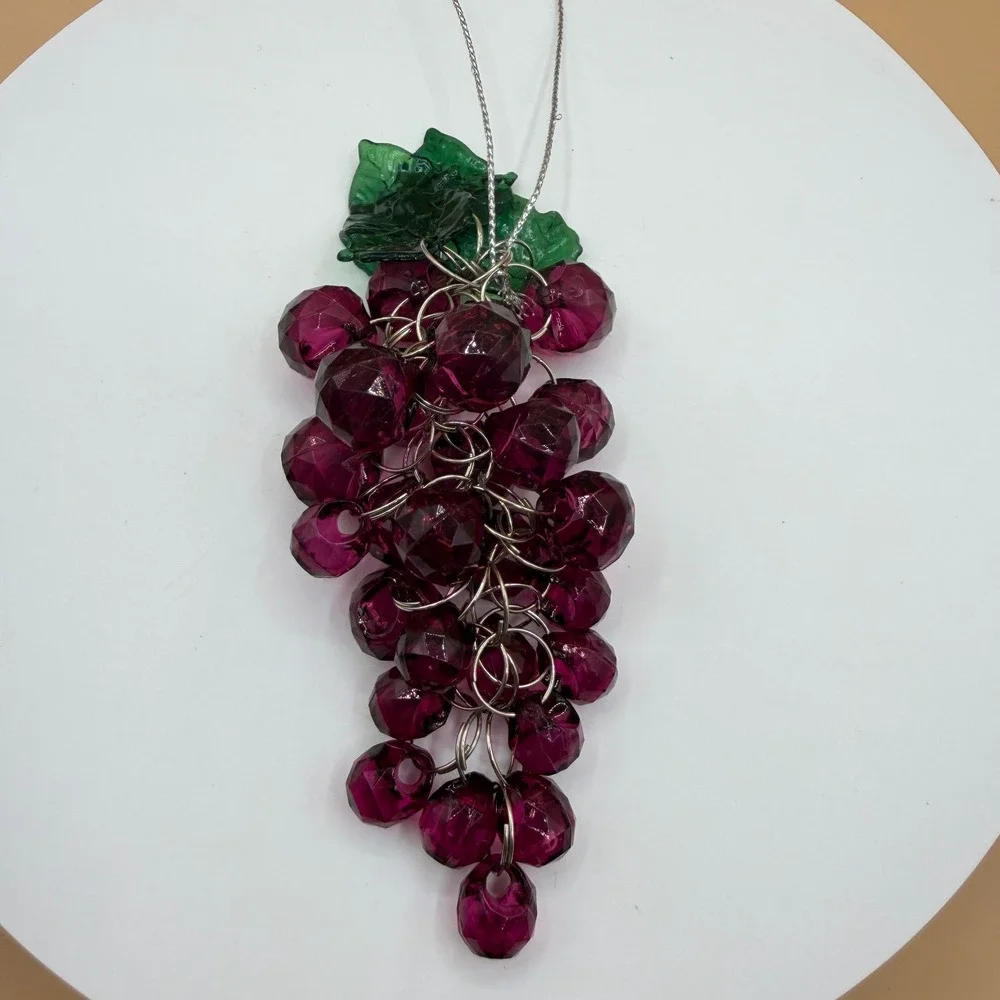 Grape Cluster Ornament Faceted Acrylic Beads Green Leaves Hanging Decor